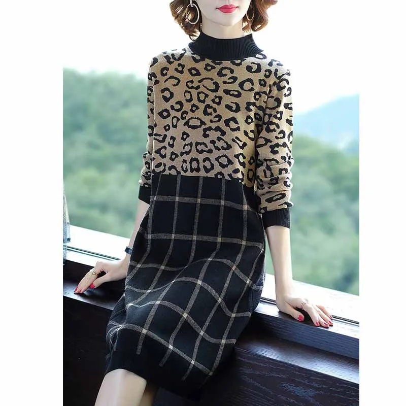 

Ozhouzhan 2018 Autumn And Winter New Style WOMEN'S Dress-Style Leopord Pattern Jersey Dress Mid-length over-the-Knee Sweater Ski