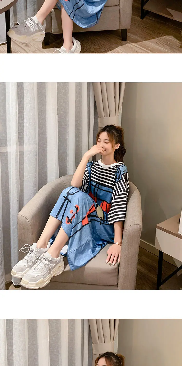 Dress Women Striped Cartoon Printed Oversize Hot Selling Long Dresses Graphic Ulzzang Female Lovely Chic Streetwear Popular Maxi
