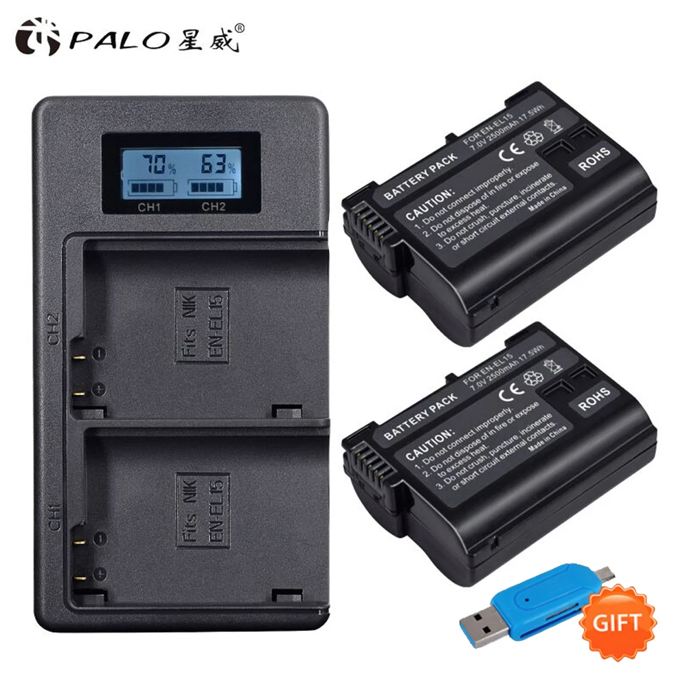 2Pcs EN-EL15 2550mAh Battery Dual Slot USB Charger LCD Display For Nikon Camera