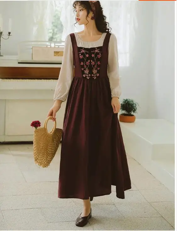 Dark Brown Осень Зима Новое поступление ретро круглый воротник Цветочная вышивка длинный рукав женское хлопковое длинное платье - Цвет: Dark Brown