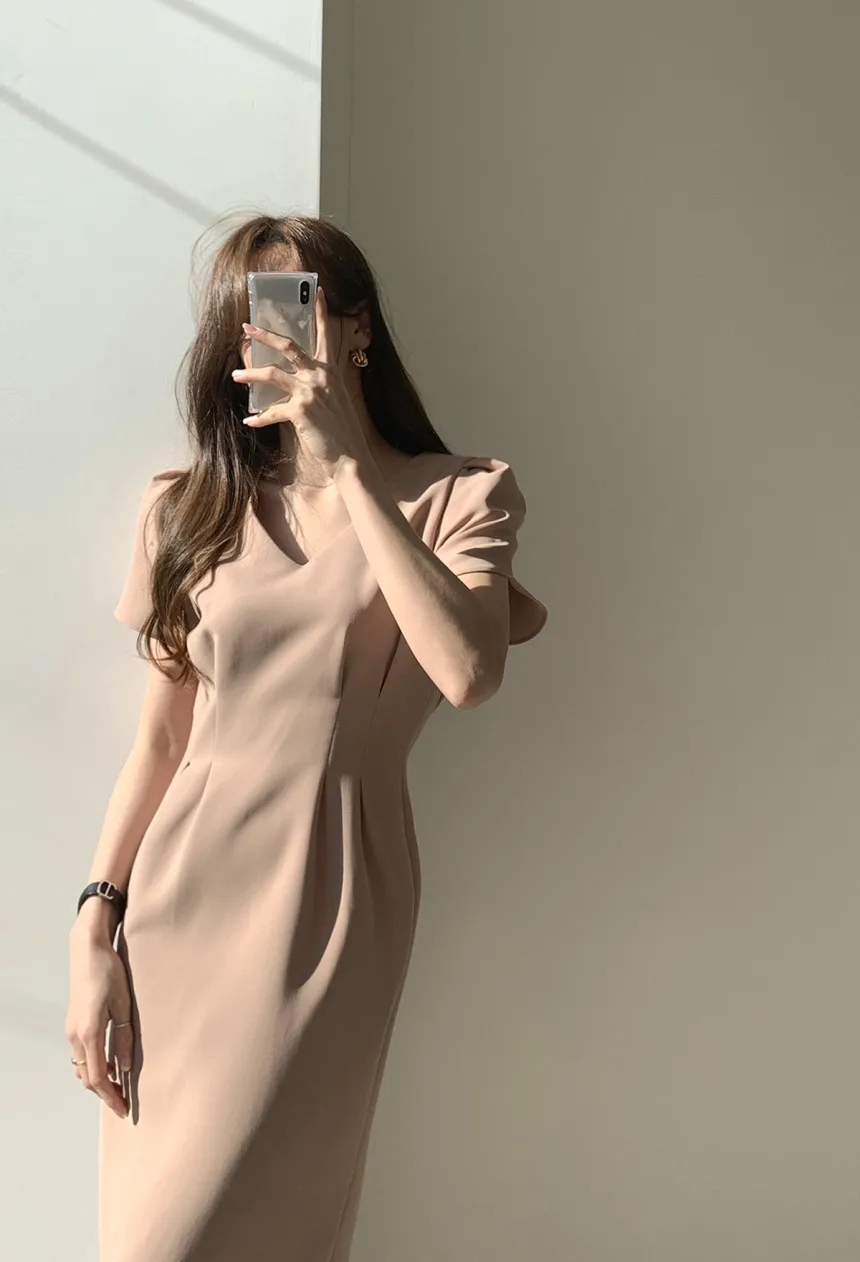 Woherb Korean Chic Women Dress Short Sleeve Casual V-Neck Elegant Office Lady Dresses 2020 New Slim Waist Robe Vestidos Mujer