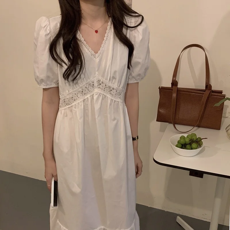 

Women Summer Elegant White V Neck Long High Waist Dress Lace-patchwork Puff Sleeve Jacquard Hem Midi Dresses