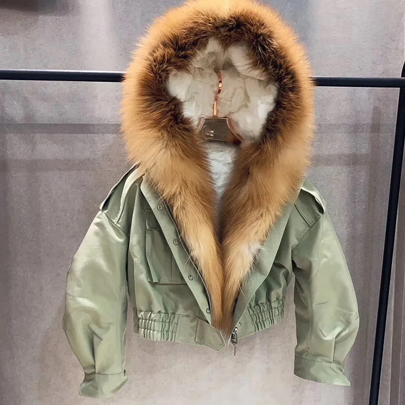 Red Fox-Light Green Новое поступление, женская мода, Лисий мех, пальто, высокое качество, мех ягненка, линия, куртка-бомбер, короткий стиль, S7652 - Цвет: Red Fox-Light Green