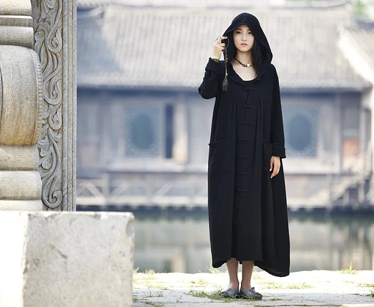 Black Red Long sleeve Hooded Women Long Coat Novelty design Chinese style Trench Coats Plus size Autumn Robe Coat