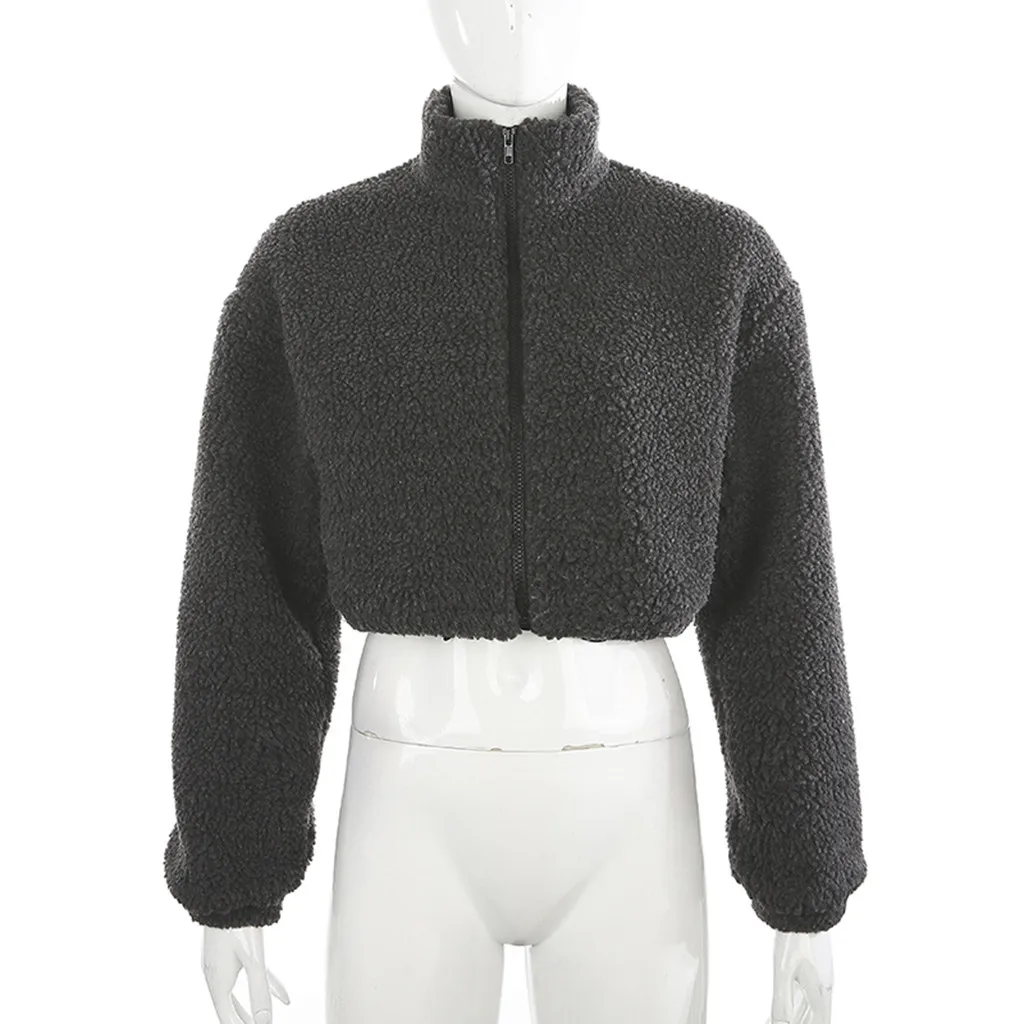 Длинный рукав, на молнии, с карманом, с капюшоном, искусственная овечья шерсть, кроп-топы, Осень-зима, женская уличная одежда, однотонное пальто, куртка размера плюс# J30