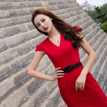 

High Quality Elegant Hepburn Red Sexy Lady Dress V-neck Vintage Short Sleeve Dresses Woman Profession Temperament Slim Dress