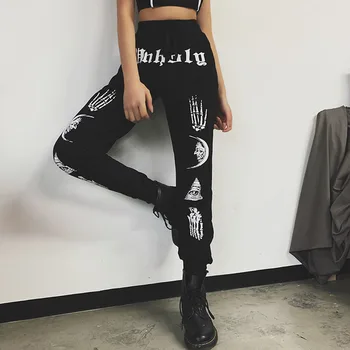 

Harajuku Black Streetwear Women Casual Pants Gothic Punk Slim Pencil Pants Letters Skull Pattern Black Female Long Trousers