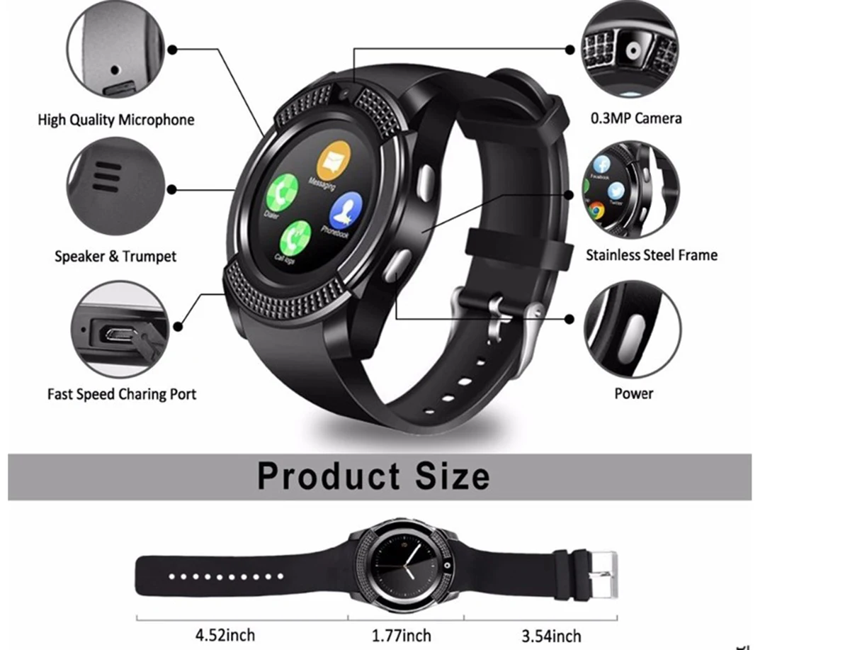 V8 relógio inteligente bluetooth chamada de fitness
