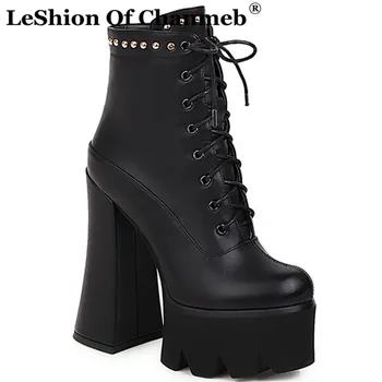 online Mais Tamanho 33-43 Botas Goth Feminino 6 Polegada Saltos Altos Grossos Rebites Do Punk Botas De Motocicleta Cruz Laço Preto Outono Inverno Sapato Gótico