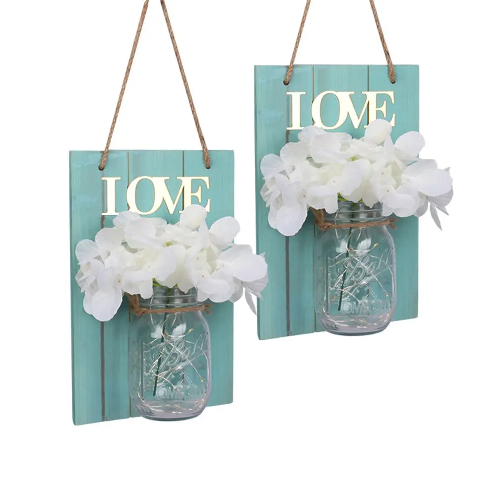 

Creative Wooden Board Led Mason Jar Lantern Simulation Eternal Flower Wooden Wall Lamp Retro Garden Lantern 2Pcs
