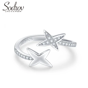 

Sodrov AAA Zircon Silver 925 Jewlry Double Starts Silver Rings For Women Open Size Adjustable