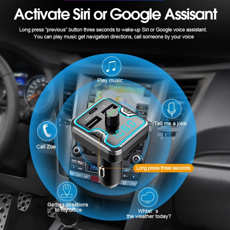 Bluetooth fm-передатчик для автомобиля, беспроводной fm-передатчик радио приемник адаптер автомобильный комплект, с двумя USB и тип-c зарядным портом, музыка