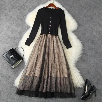 

2020 New Autumn Winter Runway Fashion Long Sleeve Dot Mesh Patchwork Midi Knitted Sweater Dress Party Women Vestidos