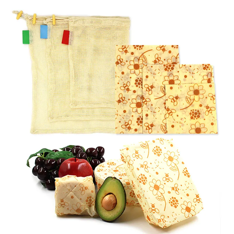 

Reusable Food Fresh Keeping Sets 3pcs Beeswax Wrap Cloth + 3Pcs Degradable Organic Cotton Mesh Storage Bag Eco Friendly