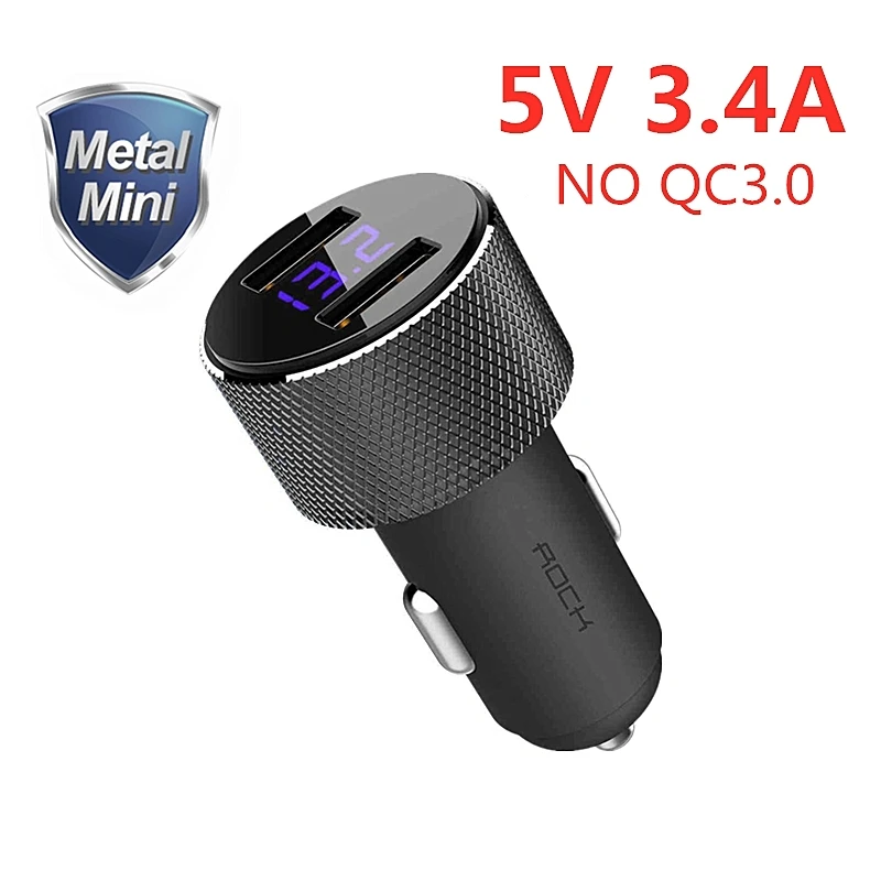 Автомобильное зарядное устройство ROCK QC 3,0 Быстрая зарядка двойной USB металлический цифровой светодиодный дисплей для iPhone 11 X Xiaomi samsung huawei P30 Быстрая зарядка - Тип штекера: Black 3.4A
