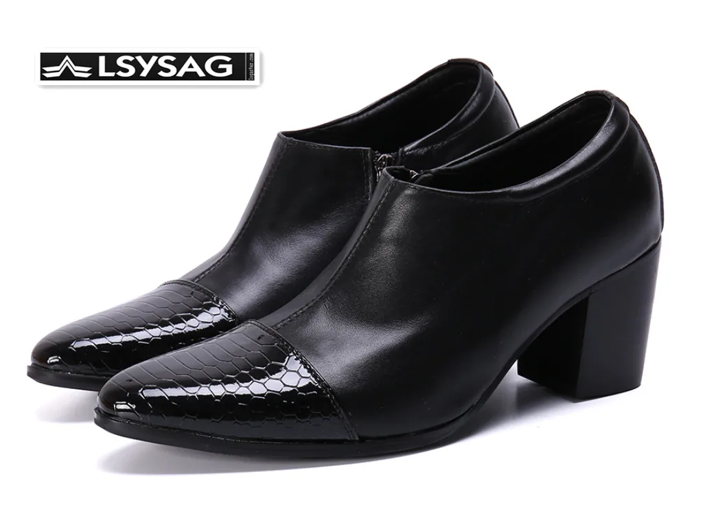 

Fashion Increase Height Men Boots Pointed Toe High Heel Men Ankle Boots Stage Party Men Dress Shoes Plus Size