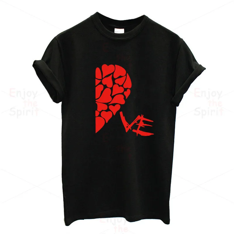P915WBlack EnjoytheSpirit, новинка, летние забавные парные футболки, наполовину красное сердце, любовь, печать, хлопок, круглый вырез, футболки, крутая, короткий рукав, парная одежда - Цвет: P915WBlack