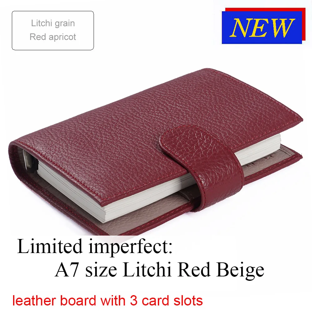 Litchi Red Beige Ограниченная серия неидеальных колец из натуральной кожи, записная книжка A7 размера, записывающая книжка, журнал органайзера, журнал для зарисовок, планировщик с большим карманом - Цвет: Litchi Red Beige
