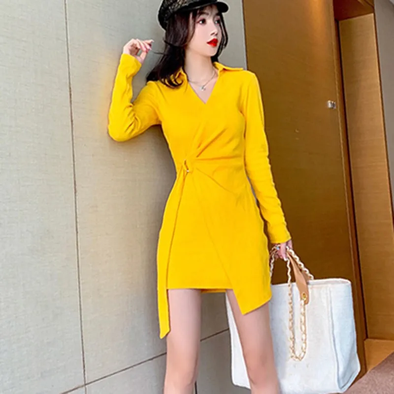 

2019 Women Casual Solid Color Dress Office Lady Fashion Sashes Long Sleeve Lapel Party Dresses High Waist Irregular Mini Dress