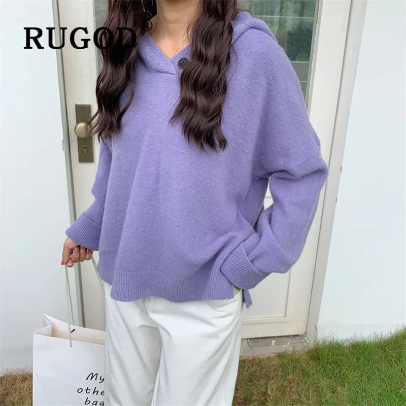 RUGOD, женская одежда ярких цветов, худи с длинным рукавом, Свободный вязаный свитер, корейский стиль, модный теплый топ с капюшоном