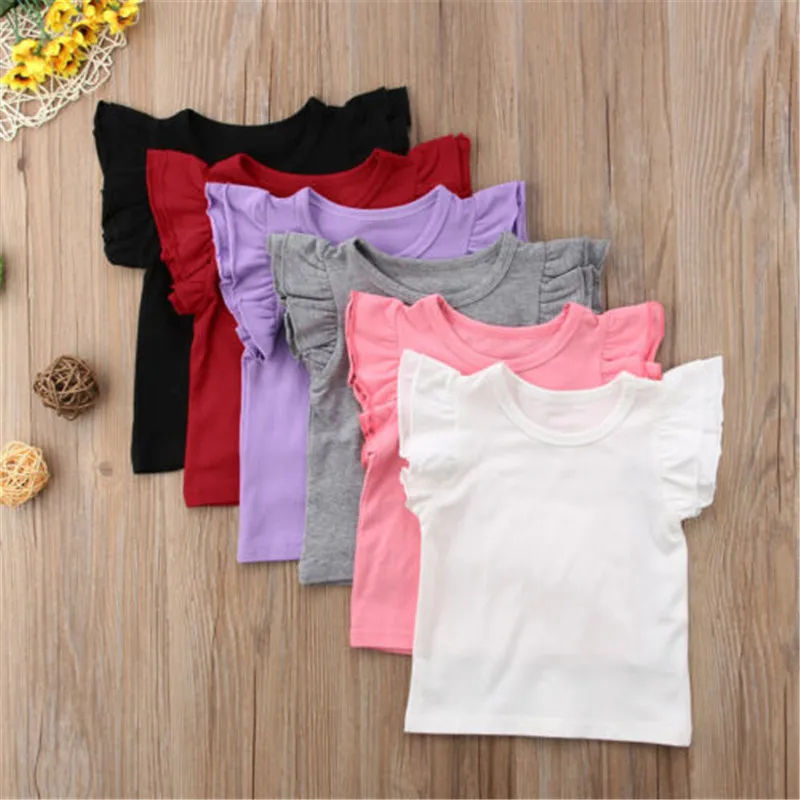 

Little Girl summer pure t shirt kid child ruffles sleeve clothes t-shirts baby girl children t shirts solid color wholesale