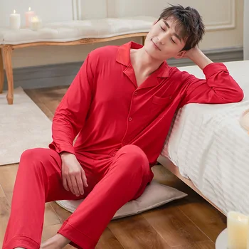 

Men Pajamas Spring Summer Modal Thin Long-Sleeve Suit Plus-Sized Bright Red Home Services