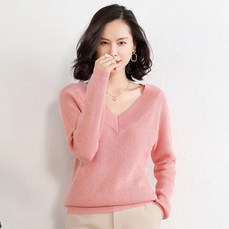 Большие свитера с v-образным вырезом женские кашемировые вязаные Джемперы горячая Распродажа мягкие высококачественные женские пуловеры стандартная одежда - Цвет: Розовый