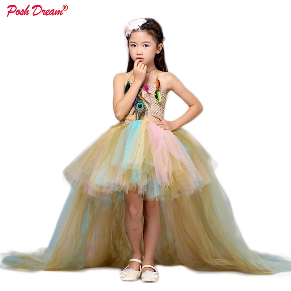 Шикарная мечта, винтажное золотое ожерелье с пером павлина, детские платья-пачки для девочек, платья на Хэллоуин, свадебные платья со шлейфом, тюль для детей