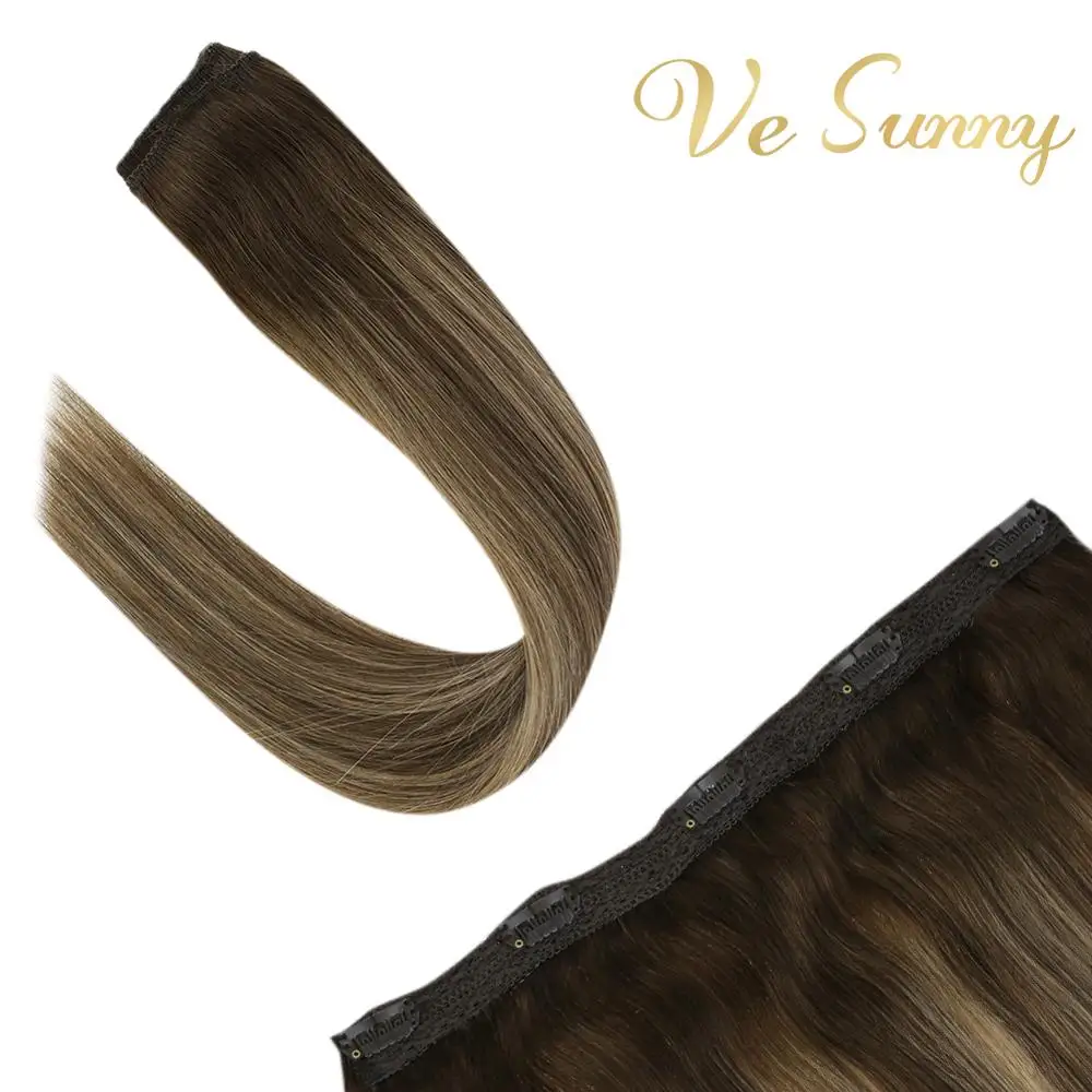 

VeSunny One Piece Clip in Hair Extensions Human Hair Clip on Extensions Balayage Brown Highlights Caramel Blonde #4/27/4