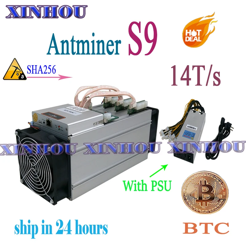 Майнер AntMiner S9 14T SHA256 б/у с PSU Btc BCH экономичный чем Antminer S9k T17e T17 S17 S17e WhatsMiner M3