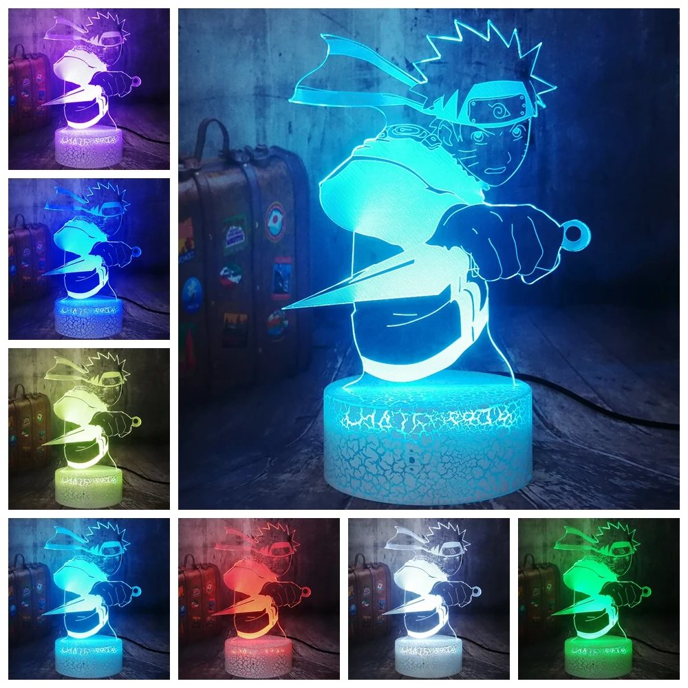 Аниме Фигурка Узумаки Наруто с кинжалом светодиодный 3d-ночник RGB 7 цветов Crackle белая основа настольная лампа домашний Декор подарок на день рождения