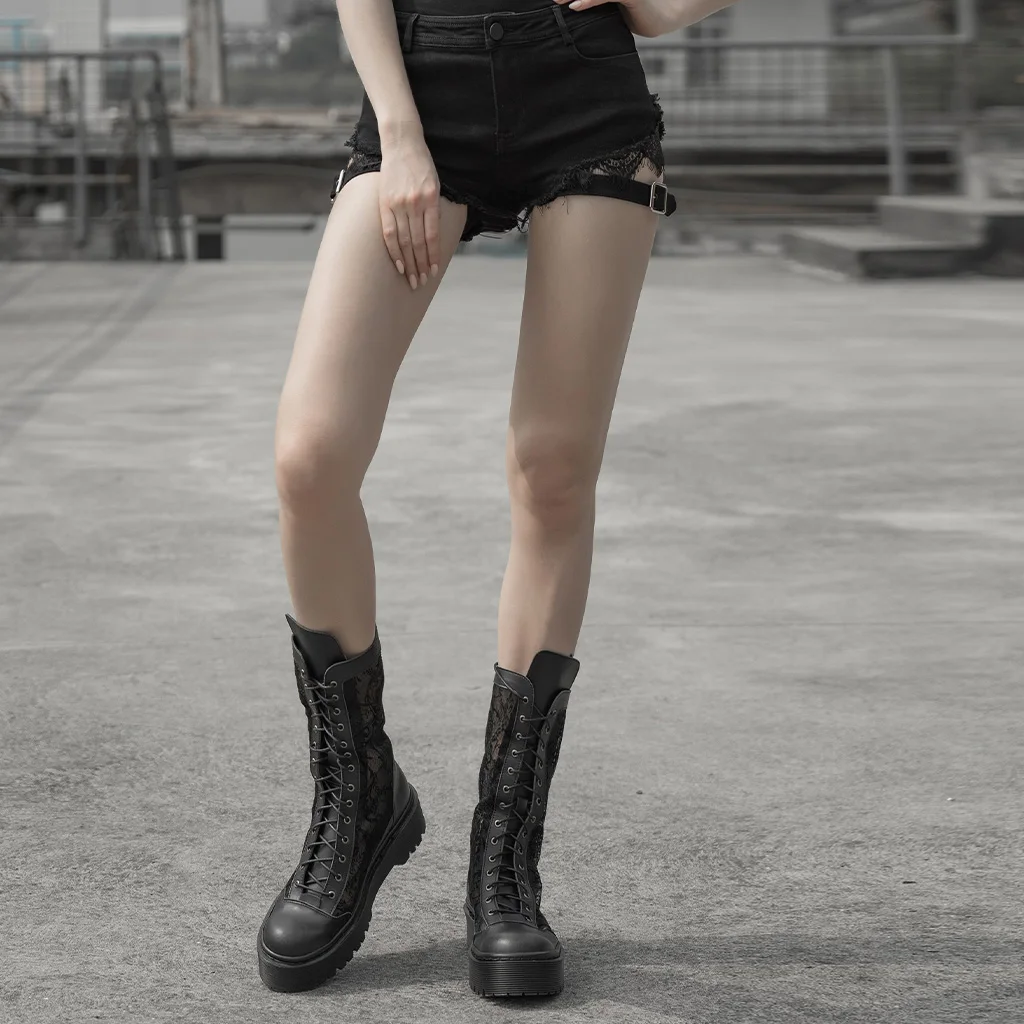 Pantalones vaqueros cortos PUNK RAVE para mujer, Vaqueros cortos góticos sexys con cordón atado de Metal, ropa calle, pantalones cortos ajustados con de encaje|Pantalones cortos| - AliExpress