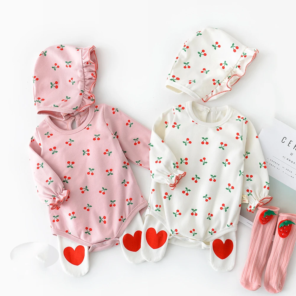 

Autumn Baby with Hat Romper Small Cherry Printed Long-sleeved Infant Clothes