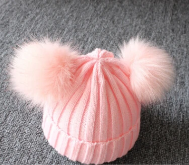 От 1 до 3 лет, повседневные шапочки для новорожденных, шапка для детей, для девочек и мальчиков, зимний теплый вязаный пушистый помпон с помпонами, однотонная Милая шапка - Цвет: Розовый