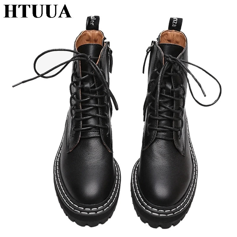 

HTUUA Autumn Women Boots Casual Lace-Up Square Heel Ankle Martens Boots for Women Black Motorcycle Platform Shoes SX3335