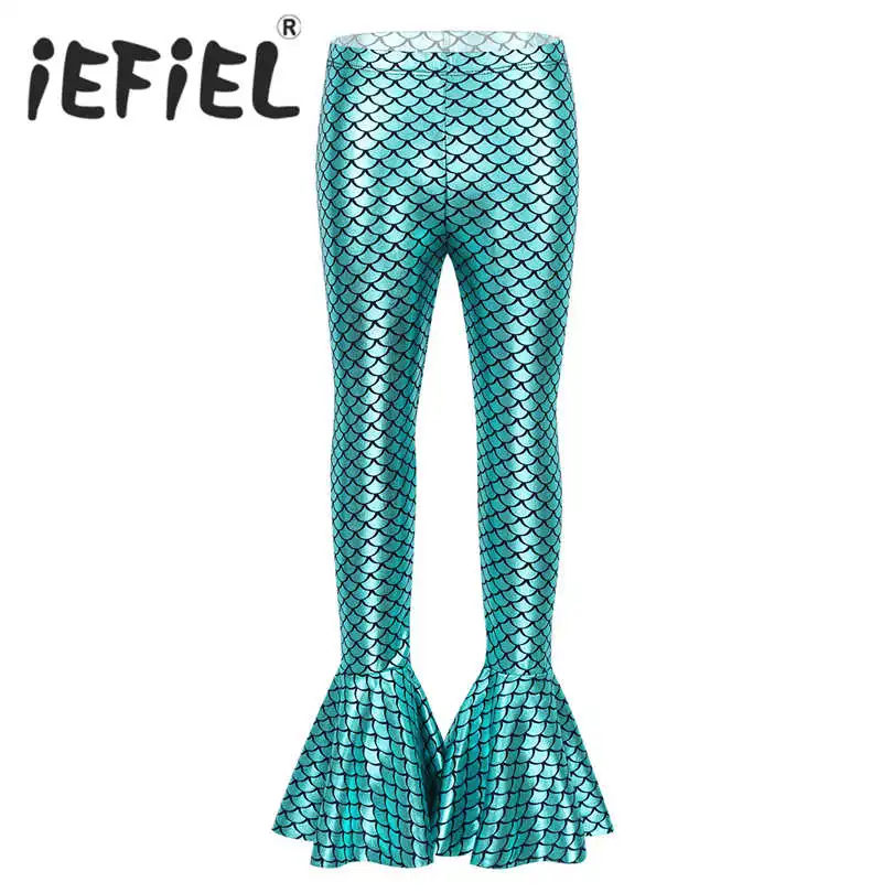 

Cute Kids Girls Shiny Fish Scales Printed Bell Bottoms Flared Pants Mermaid Leggings Tights for Halloween Theme Party Dancing