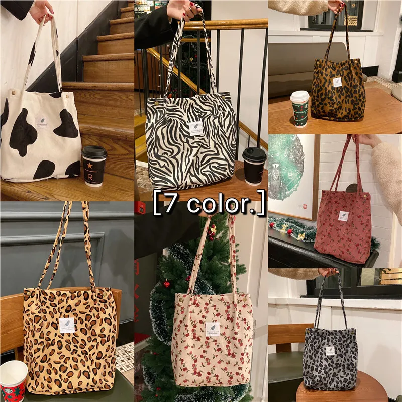 

Korean Women Corduroy Tote Bag Female Large Canvas Cloth Shoulder Bag Floral Leopard Print Shopper Bag For Girl Eco Handbag 2021