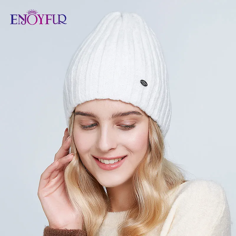 ENJOYFUR Thick warm winter hats for women soft mohair knitted female caps double lining beanies - Цвет: 10