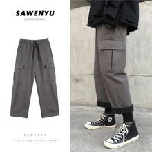 Зимние Бархатные толстые мужские комбинезоны, теплые модные рабочие брюки с несколькими карманами, мужские уличные свободные прямые брюки в стиле хип-хоп