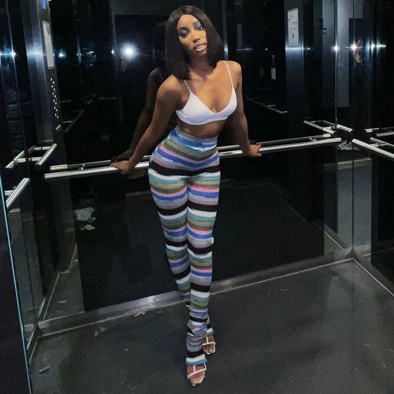 

Fashion Knit Leggings Women Stripe High Waist Pants Spring Autumn Slim Elastic Trousers Casual Sports Streetwear Stacked Pants