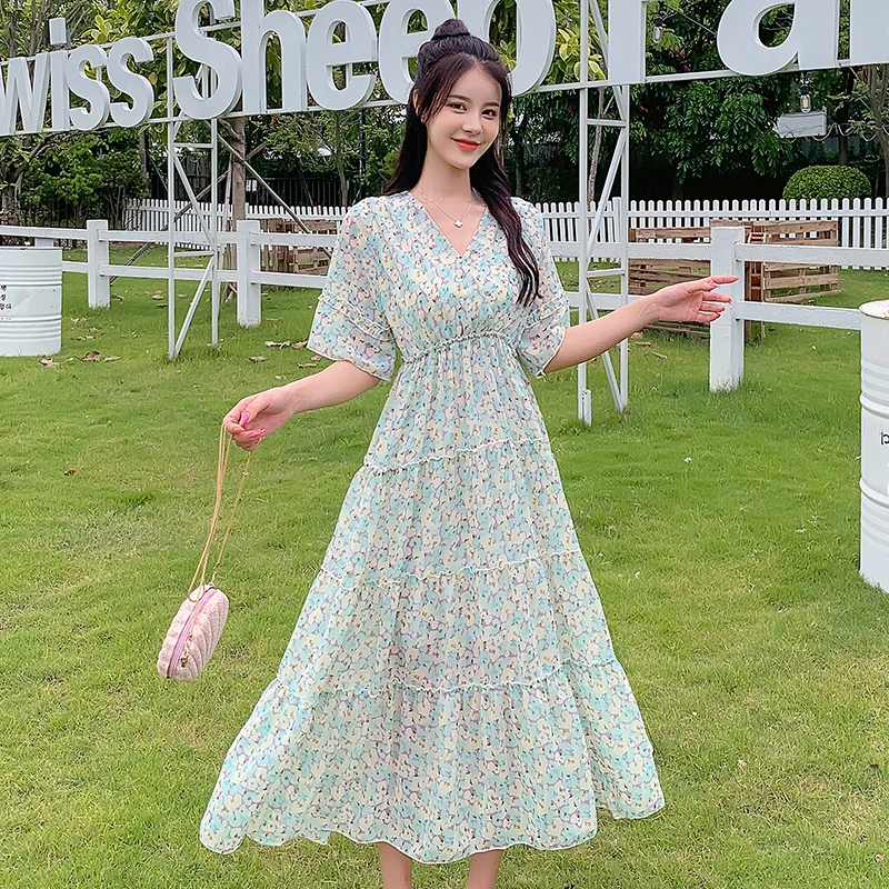 

Women Long Floral Boho Chiffon Dress Summer 2020 Runway Elegant Korean Party Night Dress Vintage Mori Girl Fairy Vacation Dress