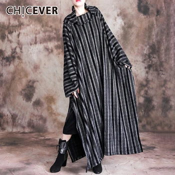 

CHICEVER Striped Lace Up Women's Dress Turtleneck Batwing Sleeve Oversize Loose Hit Color Hem Split Long Dresses Female 2020