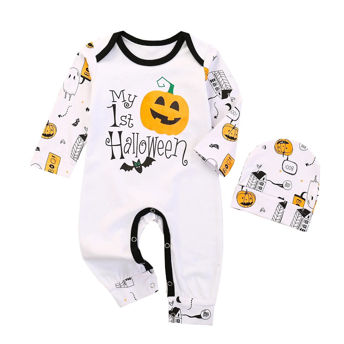 

Infant Newborn Baby Girls Boys Toddler Long Sleeve Romper+hat Halloween Theme Pumpkin Pattern Bottom Buckle Holiday Clothing