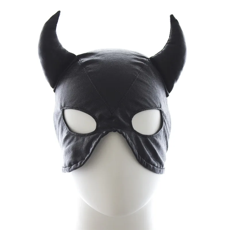 Черный Аниме Косплей латексная маска сексуальная кожа половина лица маска с быком Рог БДСМ секс маска для косплея Маскировка женщина ролевые игры - Цвет: Черный