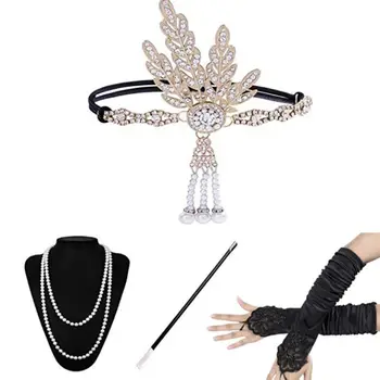

5pcs Flapper Pearl Hairband Necklace Gloves Tobacco Stems Vintage Costume