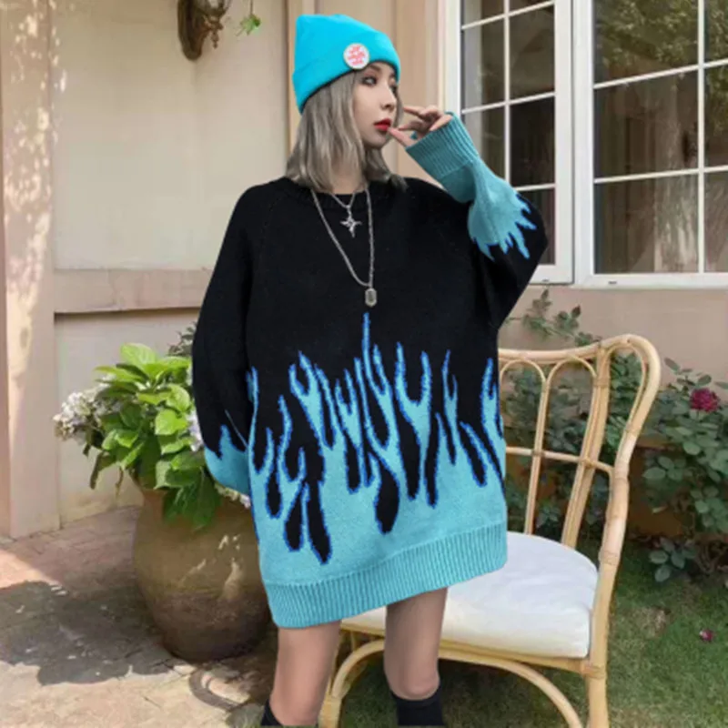 

Autumn Winter Women And Men Lovers Simple Loose Hip Hop Streetwear Pullover Sweater Casual Long Sleeve Jacquard Patchwork Knitti