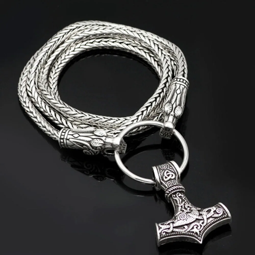 

Viking Wolf Head With Thor's Hammer Mjolnir Scandinavian Bear Paw Wolf Pendant NECKLACE With Stainless Steel Chain