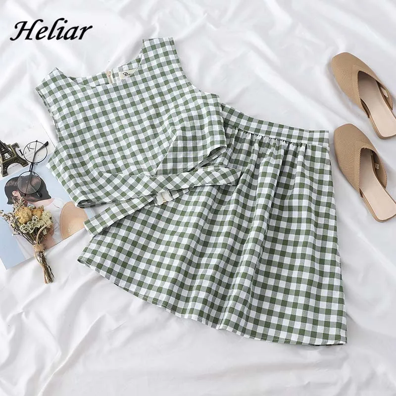

Heliar Zipper Plaid Tank Top and High-Waisted Plaid Skirts Two Pc Outfits Women Summer Suits Top and Midi Skirts 2019 Summer