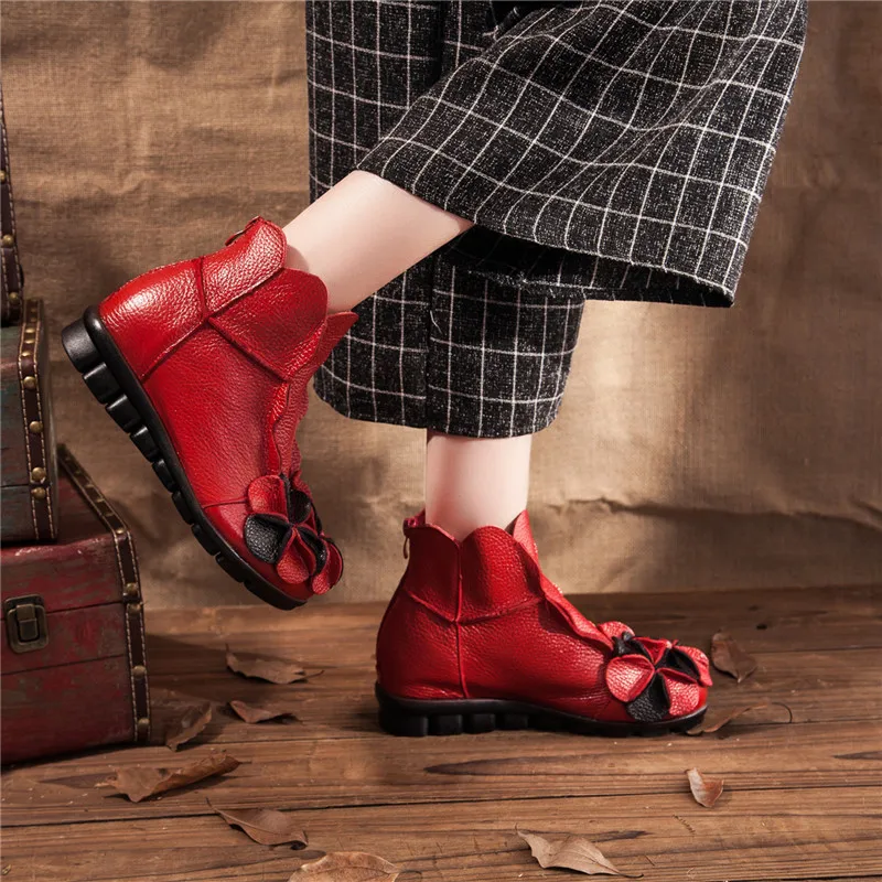 SNURULAN/женские ботильоны из натуральной кожи; Винтажная обувь ручной работы с цветами; ковбойские ботинки в стиле ретро; нескользящие теплые ботинки