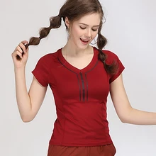 Ткань отводящая влагу тренировки Топы Для женщин дышащий Йога Спортивные топ женщина бег Фитнес Для женщин спортивная рубашка черный, красный S